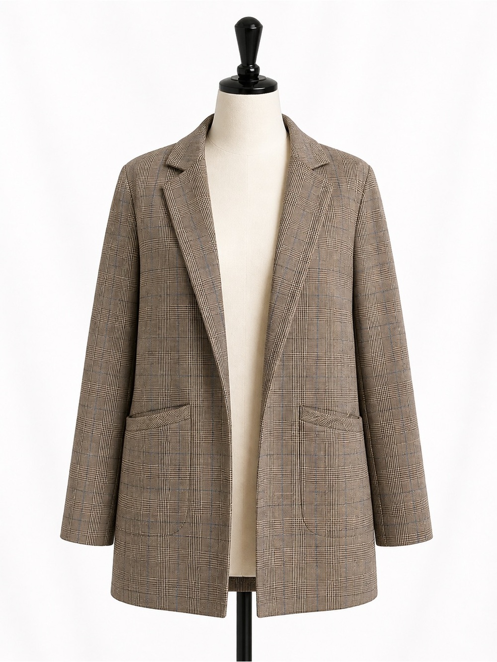 Plaid Brown Open-Front Women's Blazer Jacket